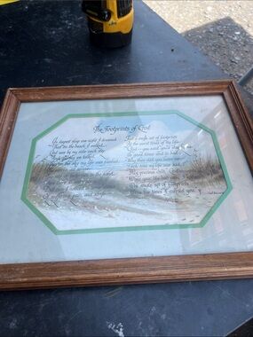 Vintage Framed 'Footprints in the Sand' Wall Art - Brown Frame, Green Accent